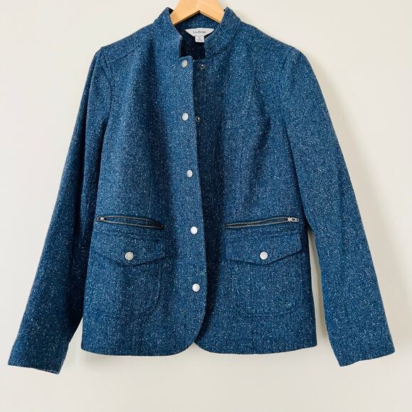 L.L.Bean Women's Tweed Blazer Jacket Wool Medium Blue Lined Elbow Patches - Picture 4 of 6